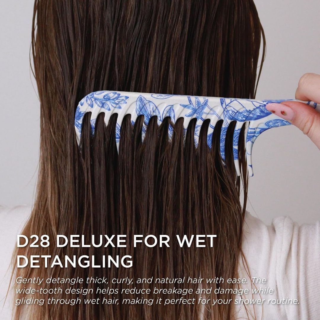 Denman D28 Deluxe Wide Tooth Detangler Comb Blue Belle - informative graphic