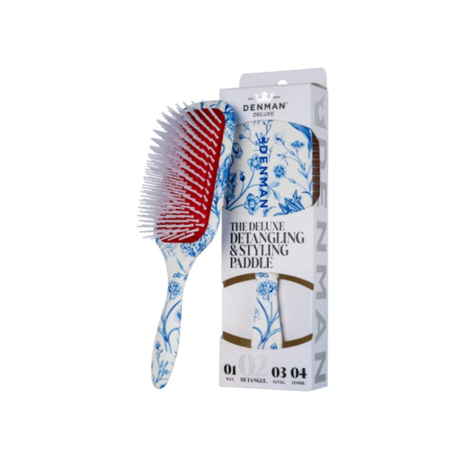Denman Deluxe Detangling & Styling Paddle and packaging on a white background