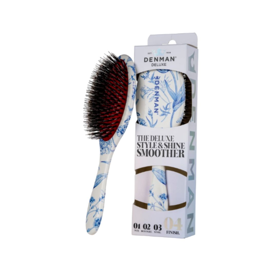 Denman Deluxe Style & Shine Brush 04 and packaging on a white background