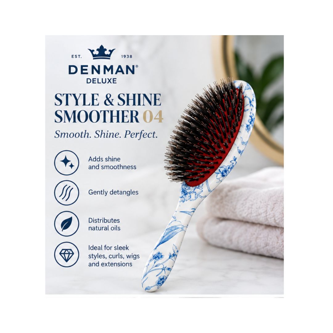 Denman Deluxe Style & Shine Brush 04 on a marble countertop with product details to the left