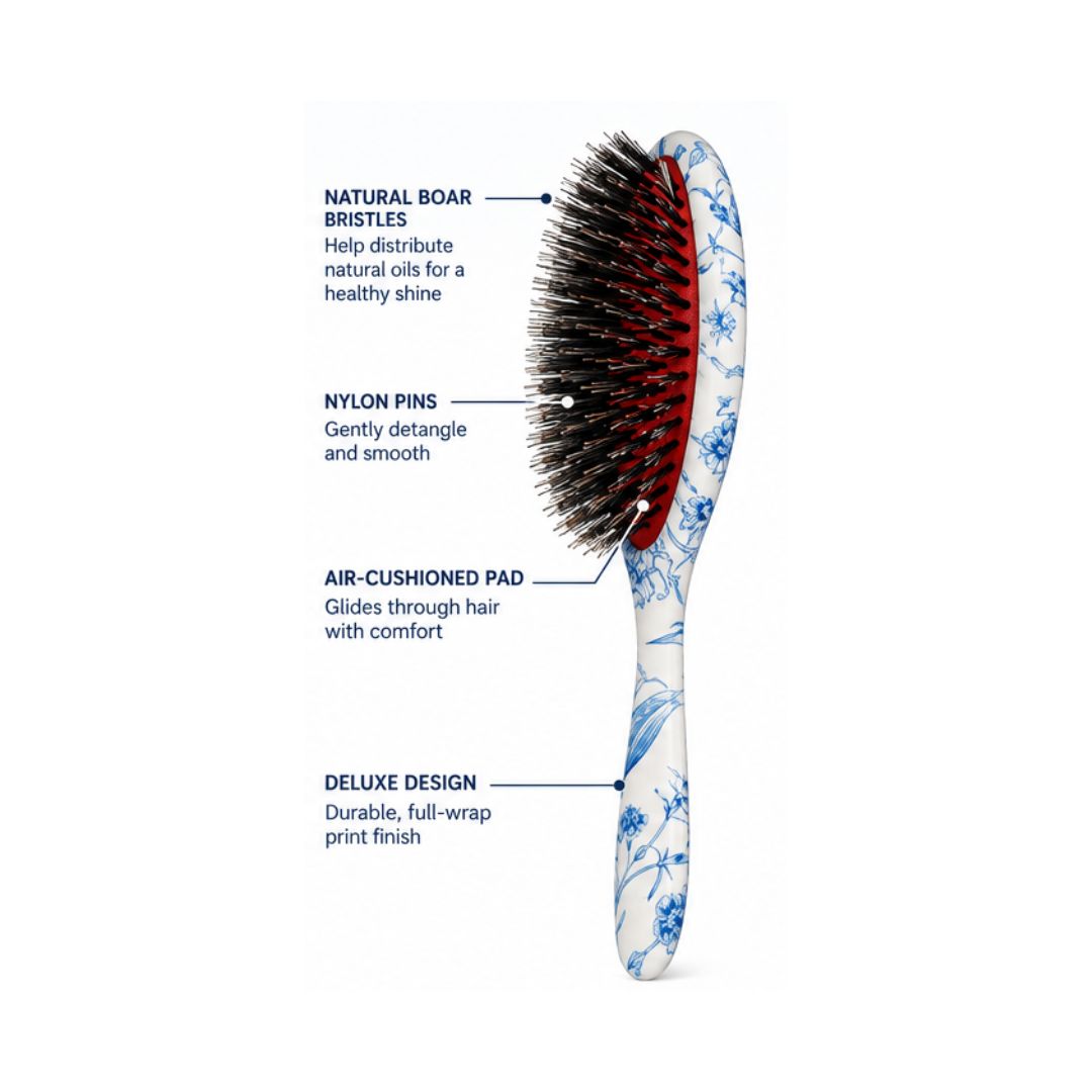 Denman Deluxe Style & Shine Brush 04 product details graphic on a white background