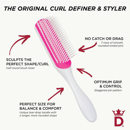 A curl definer and styler brush shown on a light beige background with marketing text and arrows explaining features. The brush has a white handle, a bright pink and white bristle head, and staggered white pins.