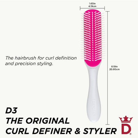 A D3 hairbrush with a white handle and bright pink bristle head, shown with dimension lines and text indicating size measurements. The brush is presented on a light off-white background with promotional text reading 'The hairbrush for curl definition and precision styling.