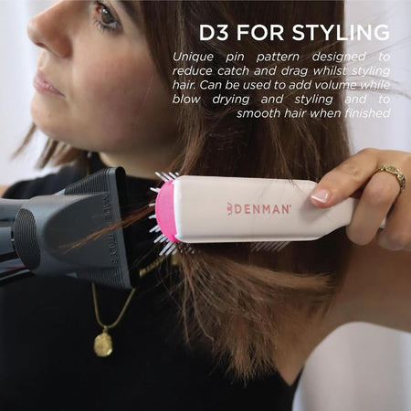 Denman styling tool being used on hair with product description text.