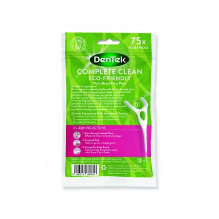 DanTek Complete Clean Eco-Friendly Plant Starch Tooth Floss in a 75-pack, in its green and pink retail packaging.