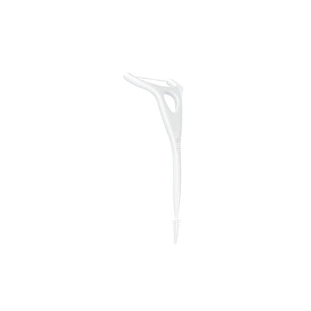 A single white plastic dental flosser tool with a looped top section and fine bristles at the bottom, shown on a plain white background.