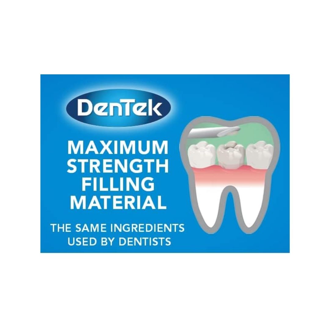 DenTek Dental First Aid Kit 'MAXIMUM STRENGTH FILLING MATERIAL' graphic on a blue background