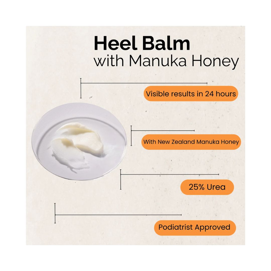 Dermatonics Heel Balm with Manuka Honey key benefits graphic