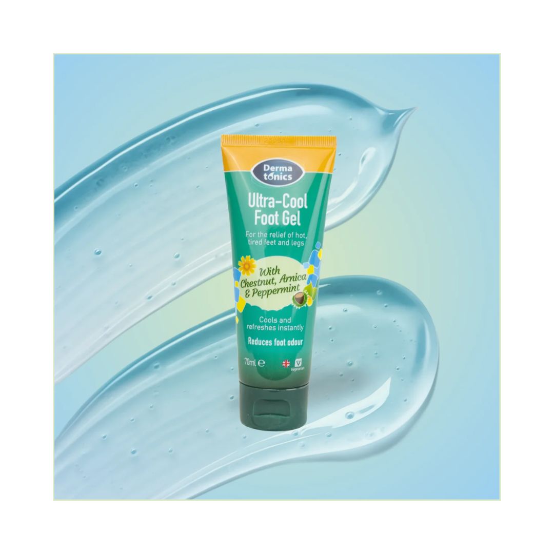 Dermatonics Ultra-Cool Foot Gel container on a blue gel background
