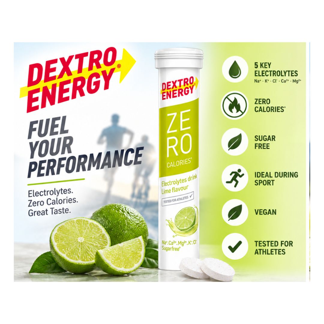 Dextro Energy Zero Calories Lime Electrolyte product information graphic on a light grey and green background 