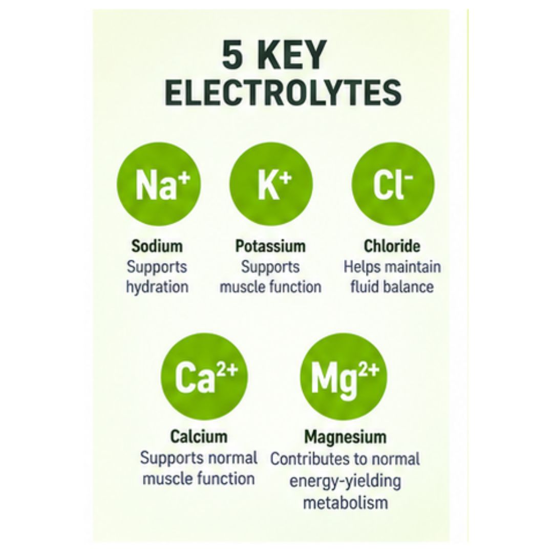 Dextro Energy Zero Calories Lime Electrolyte '5 KEY ELECTROLYTES' graphic detailing the purpose of each ingredient on a green background