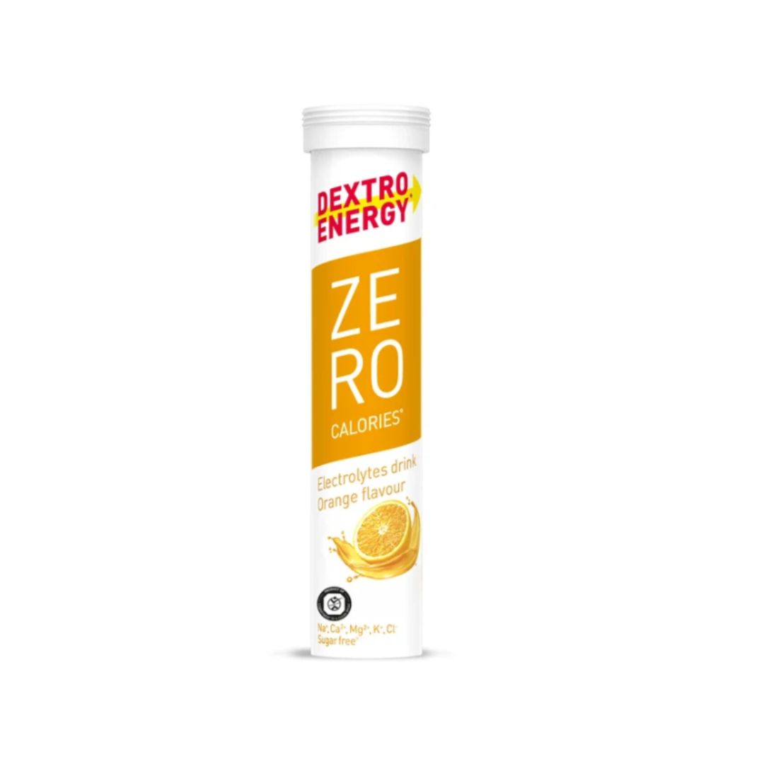 Dextro Energy Zero Calories Orange Electrolyte container on a white background