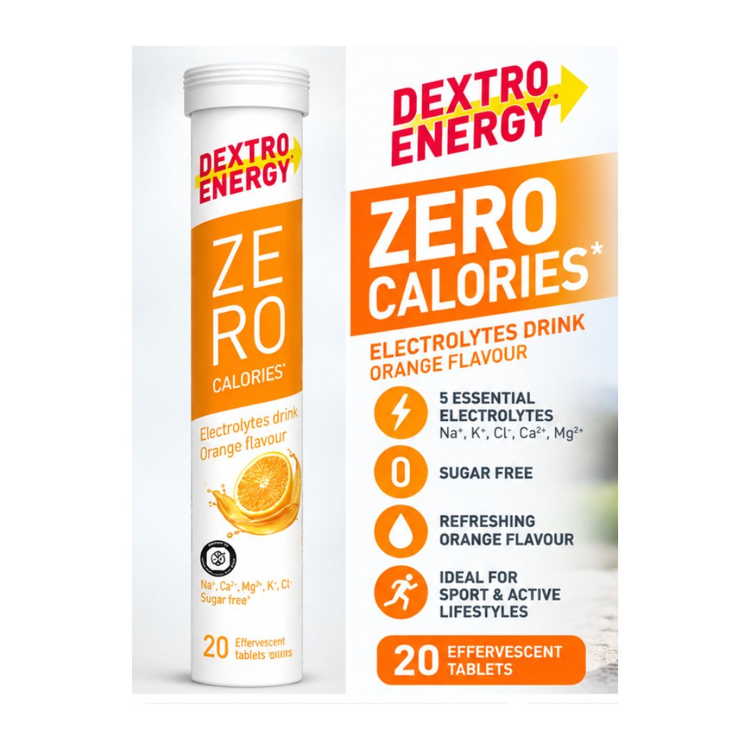 Dextro Energy Zero Calories Orange Electrolyte container on a light grey background with product information to the right
