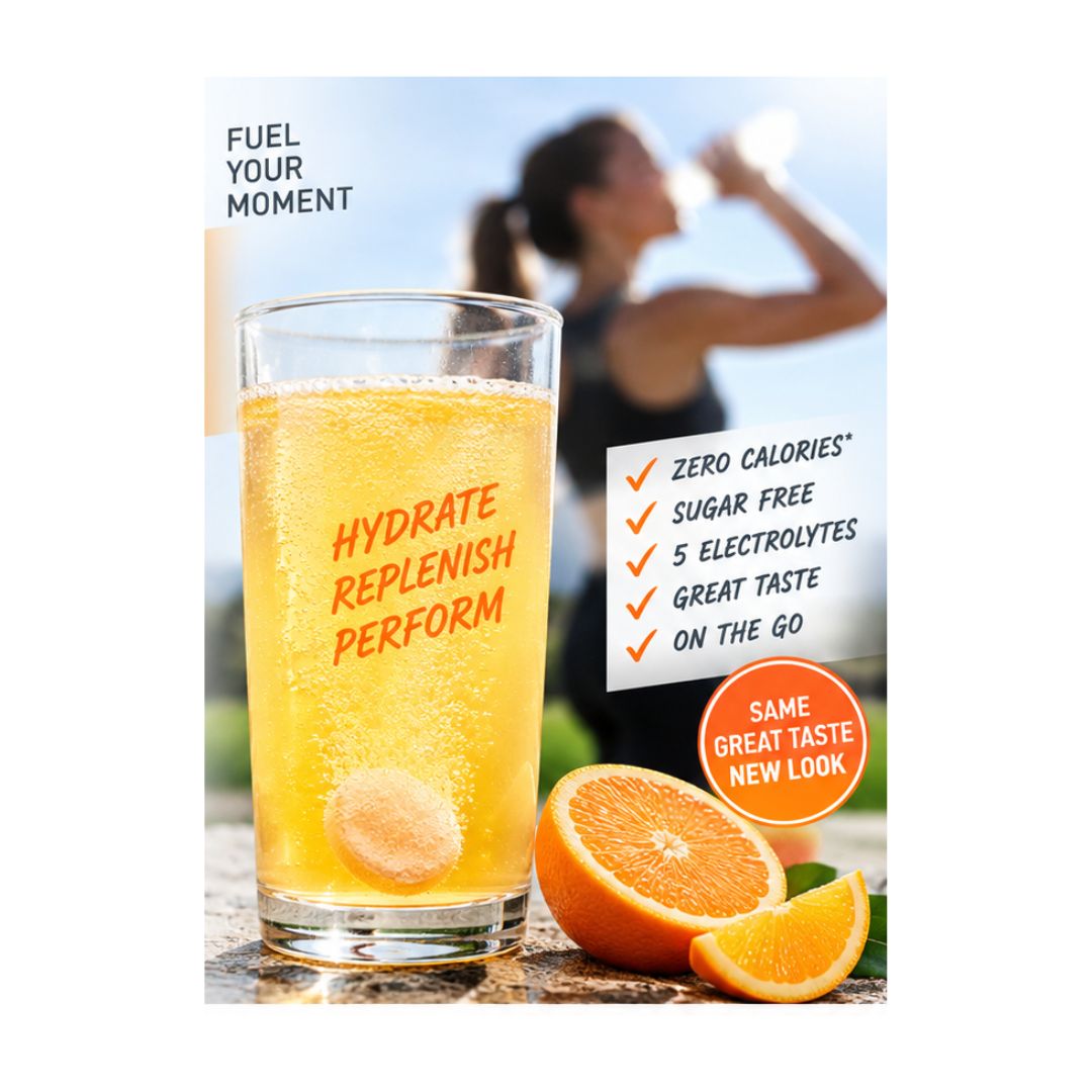 Dextro Energy Zero Calories Orange Electrolyte 'HYDRATE REPLENISH PERFORM' product information on an image of a glass with the tablet in