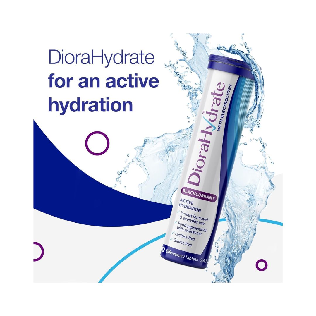 DioraHydrate Electrolyte Tablets – Blackcurrant graphic depicting the packaging on a light background with water splashing