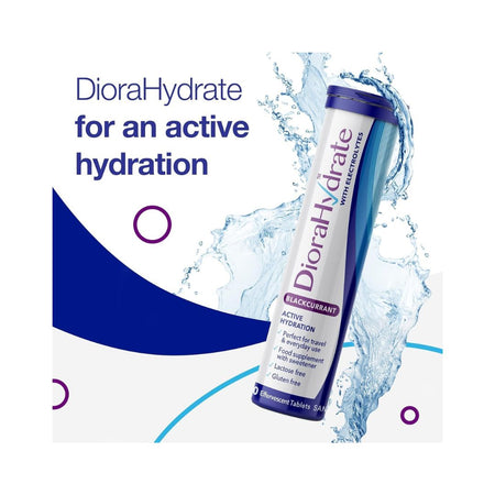 DioraHydrate Electrolyte Tablets – Blackcurrant graphic depicting the packaging on a light background with water splashing