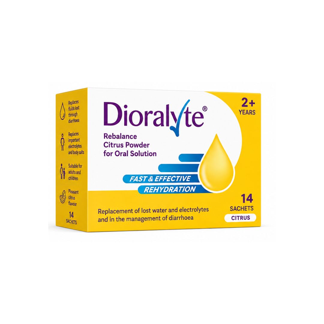 Dioralyte Rebalance Citrus 14 Sachets packaging (side angle) on a white background