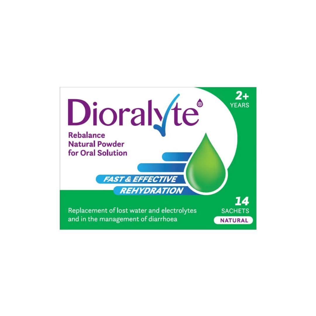 Dioralyte Rebalance Natural Flavour 14 sachets packaging on a white background
