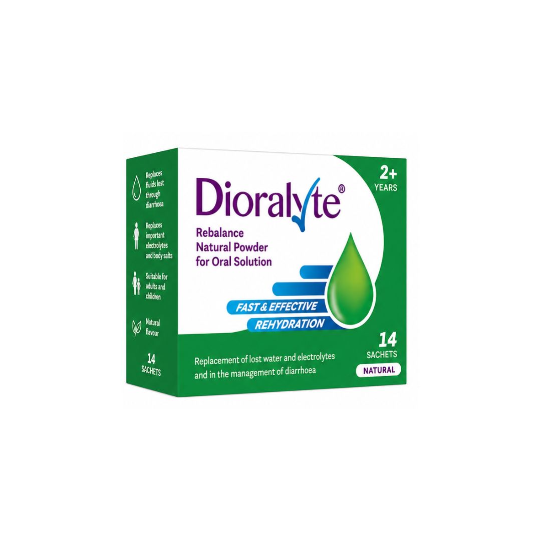 Dioralyte Rebalance Natural Flavour 14 sachets packaging (side angle) on a white background