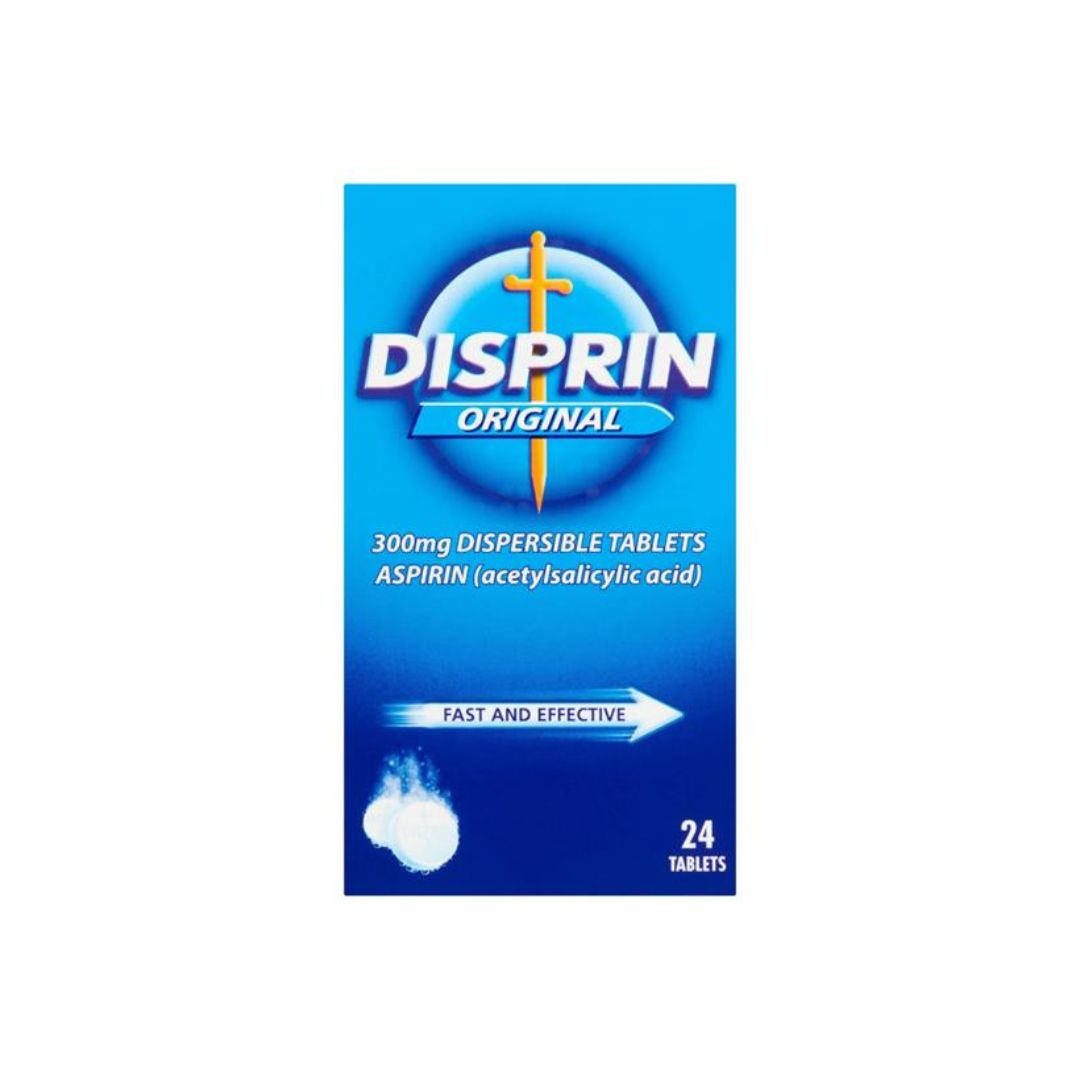 Disprin Original 300mg Dispersible 24 Tablets packaging on a white background