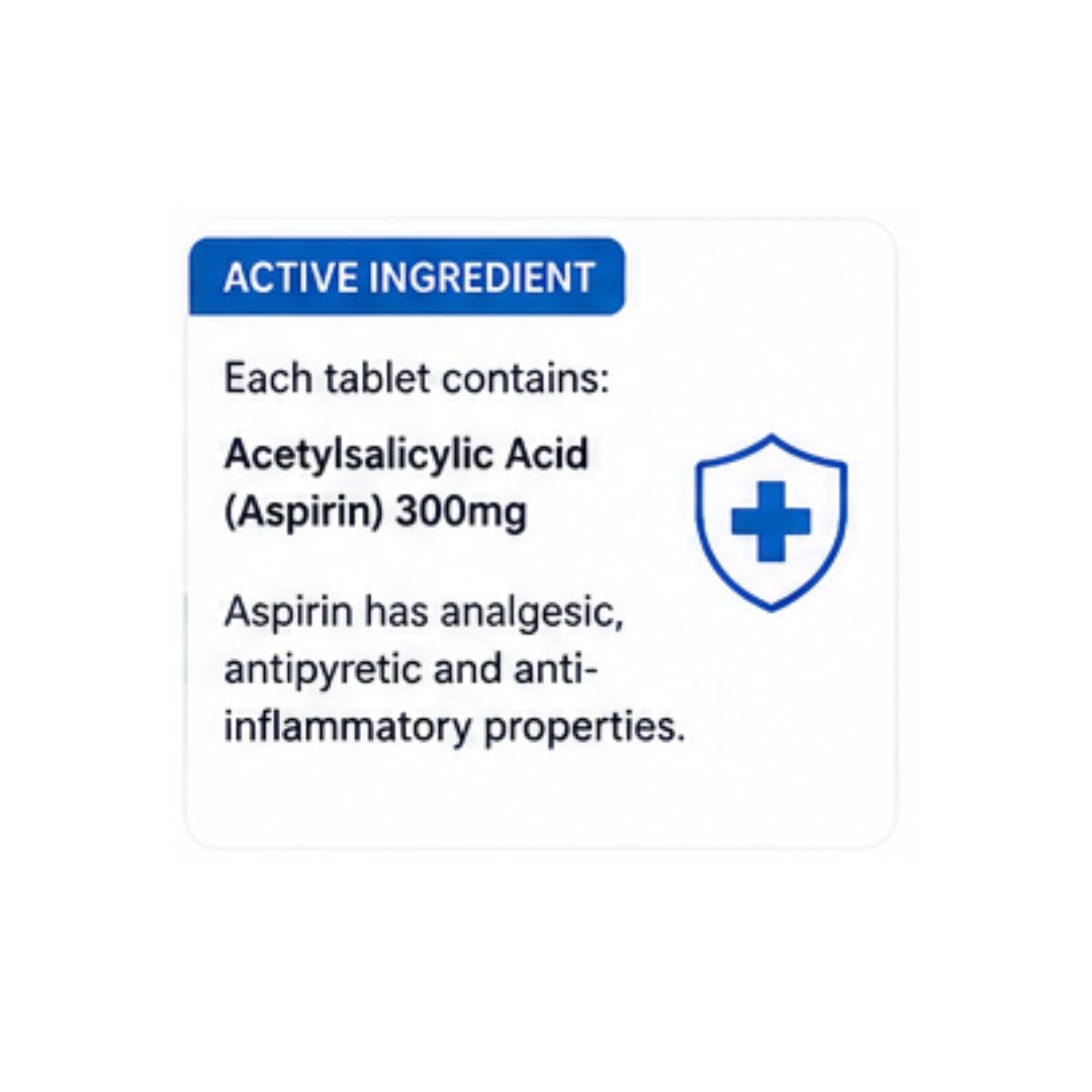 Disprin Original 300mg Dispersible 24 Tablets 'Active Ingredient' information graphic