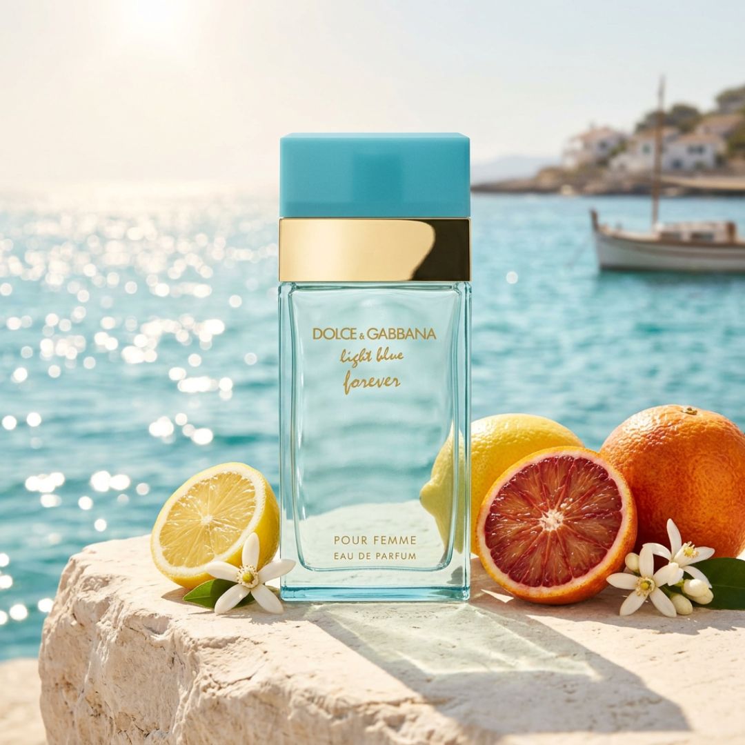 Dolce & Gabbana Light Blue Forever Pour Femme Eau de Parfum on a stone slab with a blue water background