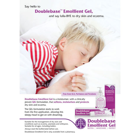 A promotional ad for Doublebase Emollient Gel featuring a sleeping child in red-and-white striped pajamas, with product bottles and packaging shown at the bottom right and marketing text across the page.