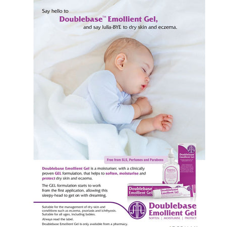An advertisement for Doublebase Emollient Gel featuring a sleeping baby on a white sheet, with product bottles and tubes shown at the bottom right and promotional text across the image.