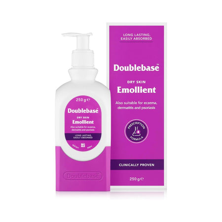 Doublebase Dry Skin Emollient 250g pump bottle next to its purple and white retail box, on a clean white background.
