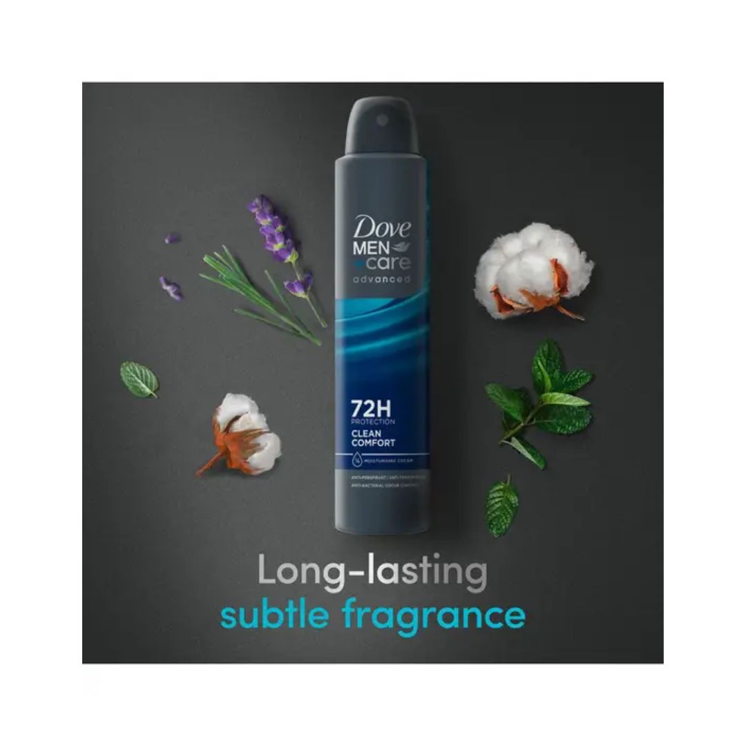 Dove Men+Care Clean Comfort 72H Anti-Perspirant Aerosol 200ml on a dark grey background with the caption 'long lasting subtle fragrance'