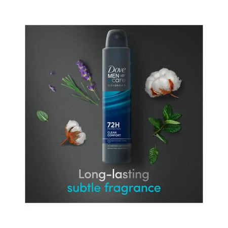 Dove Men+Care Clean Comfort 72H Anti-Perspirant Aerosol 200ml on a dark grey background with the caption 'long lasting subtle fragrance'