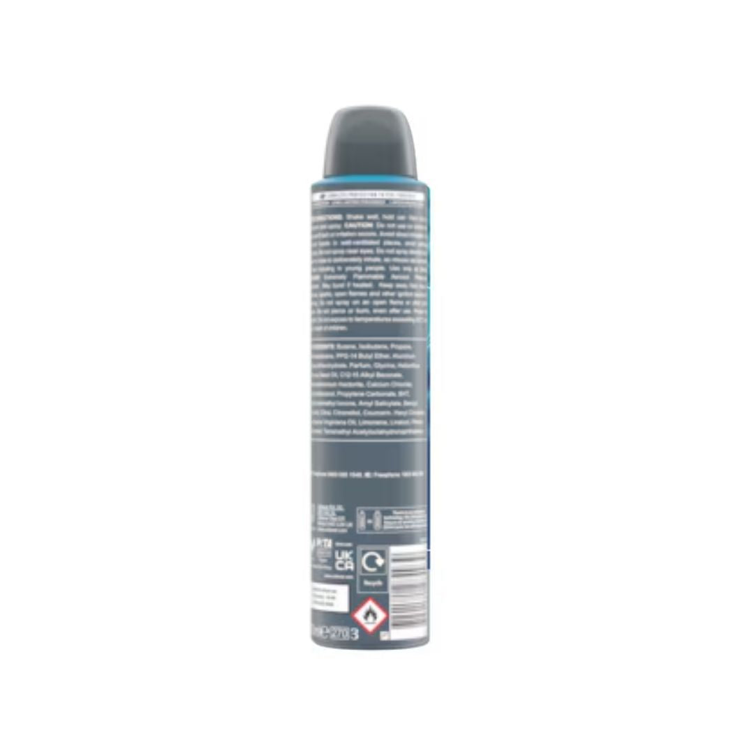 Dove Men+Care Clean Comfort 72H Anti-Perspirant Aerosol 200ml (rear angle) on a white background