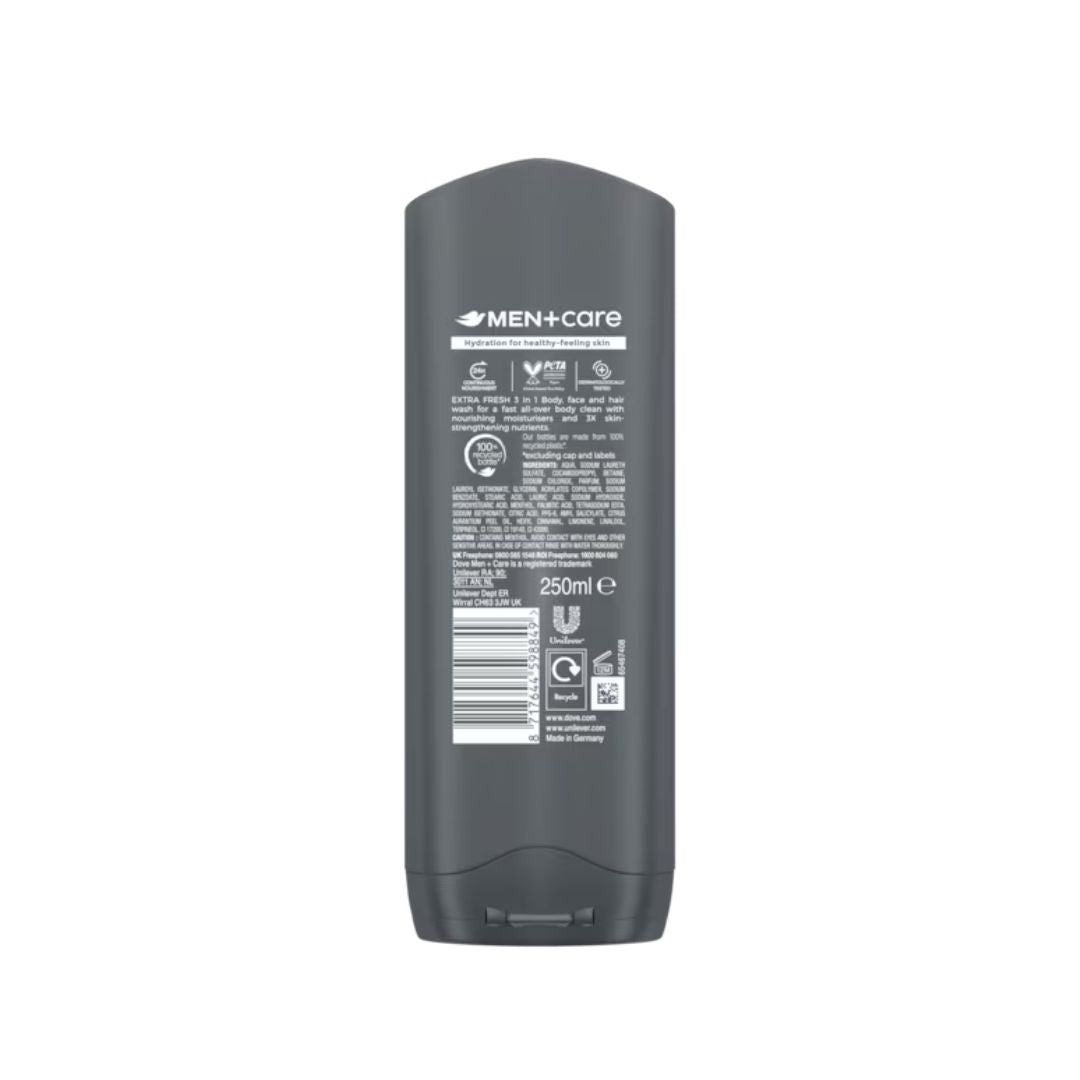 Dove Men+Care Extra Fresh 3-in-1 Body Wash 250ml (rear view) on a white background