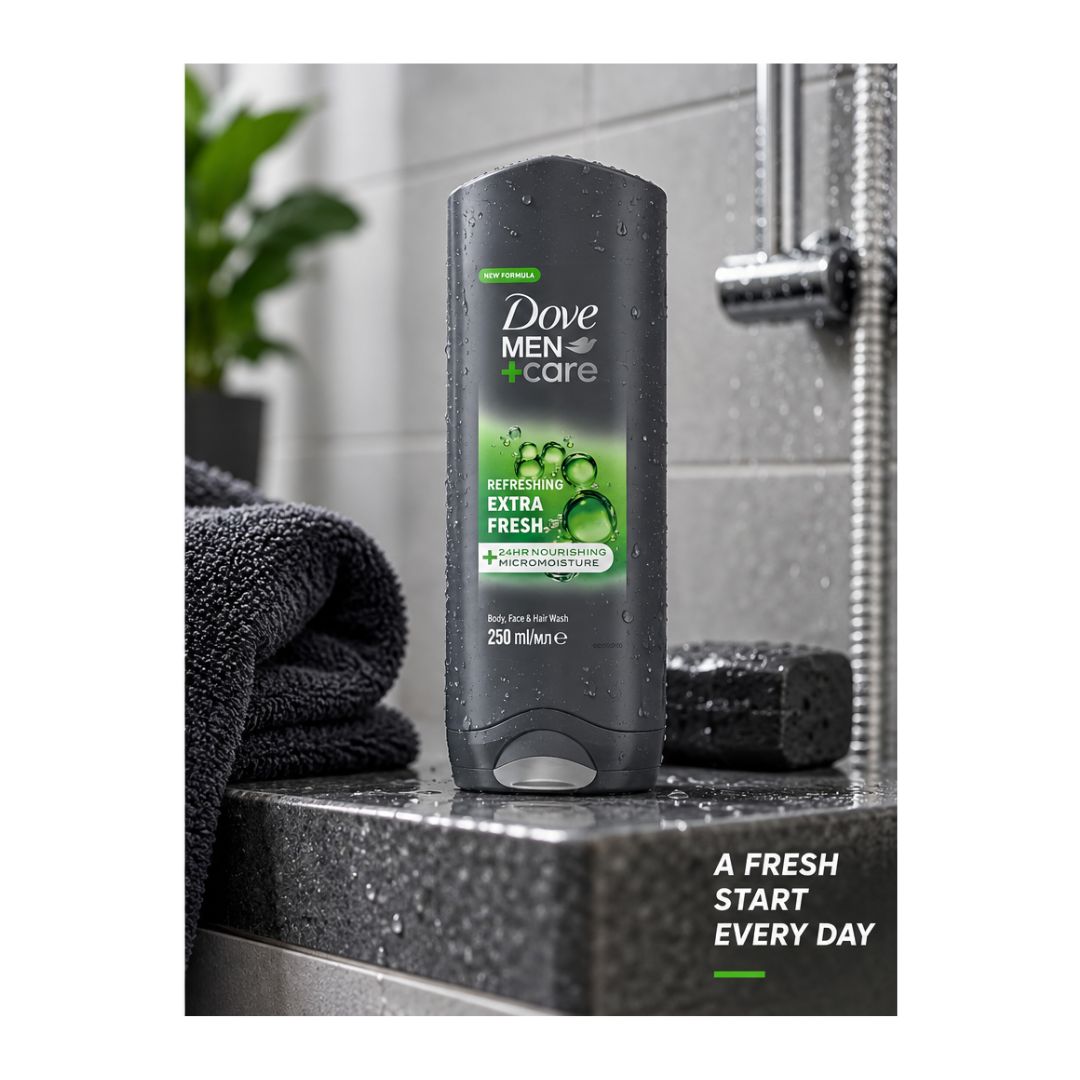 Dove Men+Care Extra Fresh 3-in-1 Body Wash 250ml on a bathroom setting