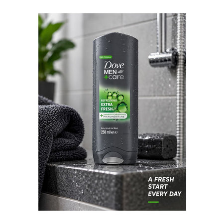 Dove Men+Care Extra Fresh 3-in-1 Body Wash 250ml on a bathroom setting
