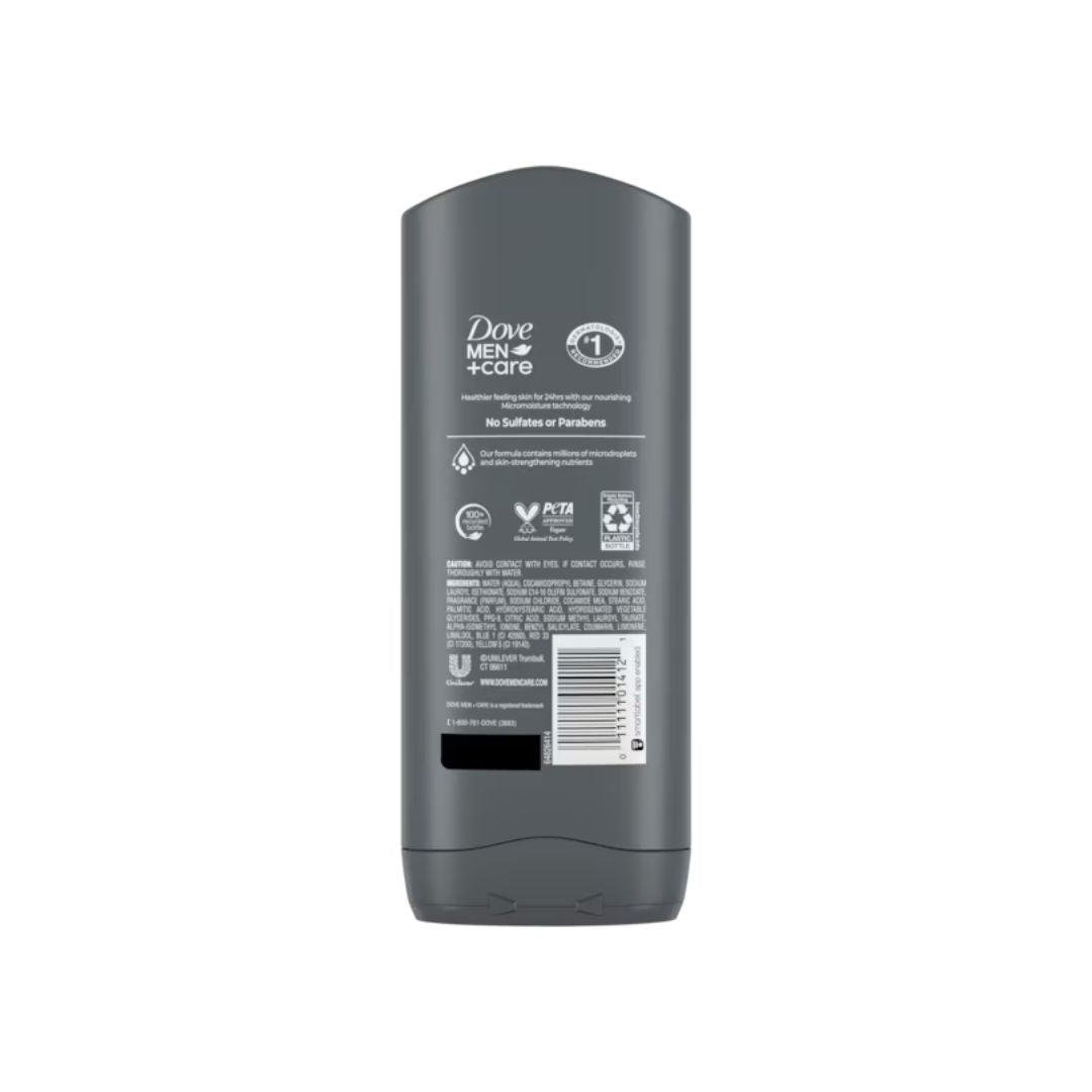 Dove Men+Care Clean Comfort Body Wash 250ml container (rear angle) on a white background
