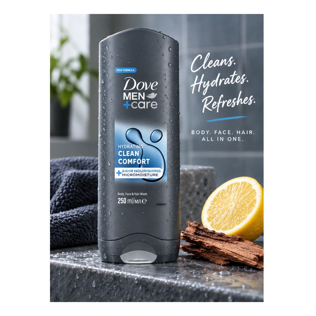 Dove Men+Care Clean Comfort Body Wash 250ml 'Cleans Hydrates Refreshes' graphic on a grey bathroom background