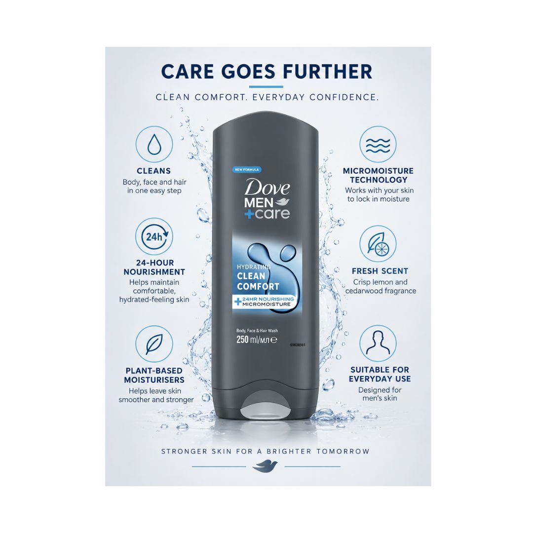 Dove Men+Care Clean Comfort Body Wash 250ml 'CARE GOES FURTHER' informative graphic