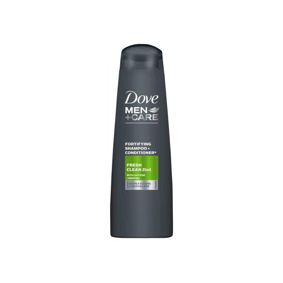 Dove men + care Fresh Clean 2-in-1 shampoo and conditioner on a white background