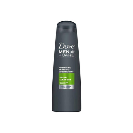 Dove men + care Fresh Clean 2-in-1 shampoo and conditioner on a white background