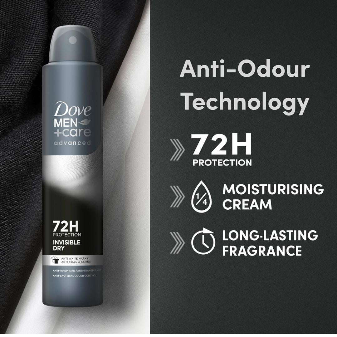 Dove Men+Care Invisible Dry 72H Anti-Perspirant 'Anti-Odour Technology' image on a charcoal background