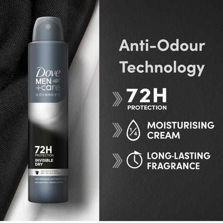 Dove Men+Care Invisible Dry 72H Anti-Perspirant 'Anti-Odour Technology' image on a charcoal background