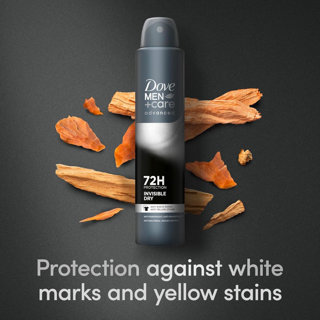 Dove Men+Care Invisible Dry 72H Anti-Perspirant 'Protection against white marks and yellow stains' graphic on a charcoal background