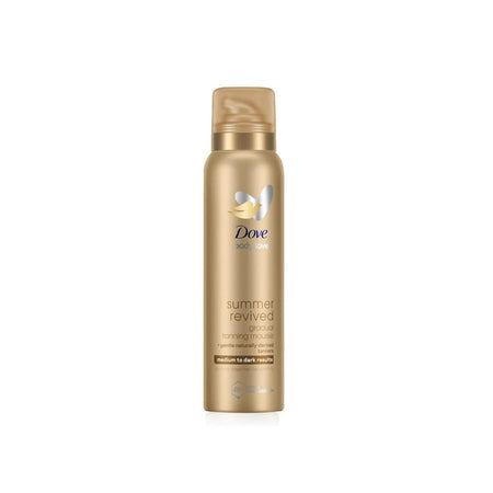 A can of Dove Summer Revived Professional Toning Mousse in a metallic gold color, shown on a plain white background.