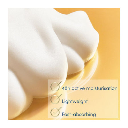 Close-up of a white contoured gel pad with text overlays highlighting its features: '48h active moisturisation', 'Lightweight', and 'Fast-absorbing' against a warm yellow background.