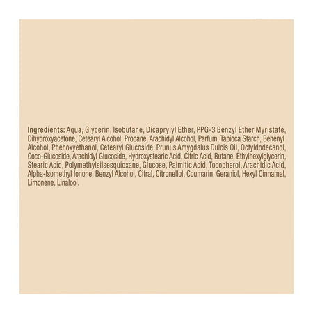 A beige rectangular card with brown text listing ingredients, centered on a white background.