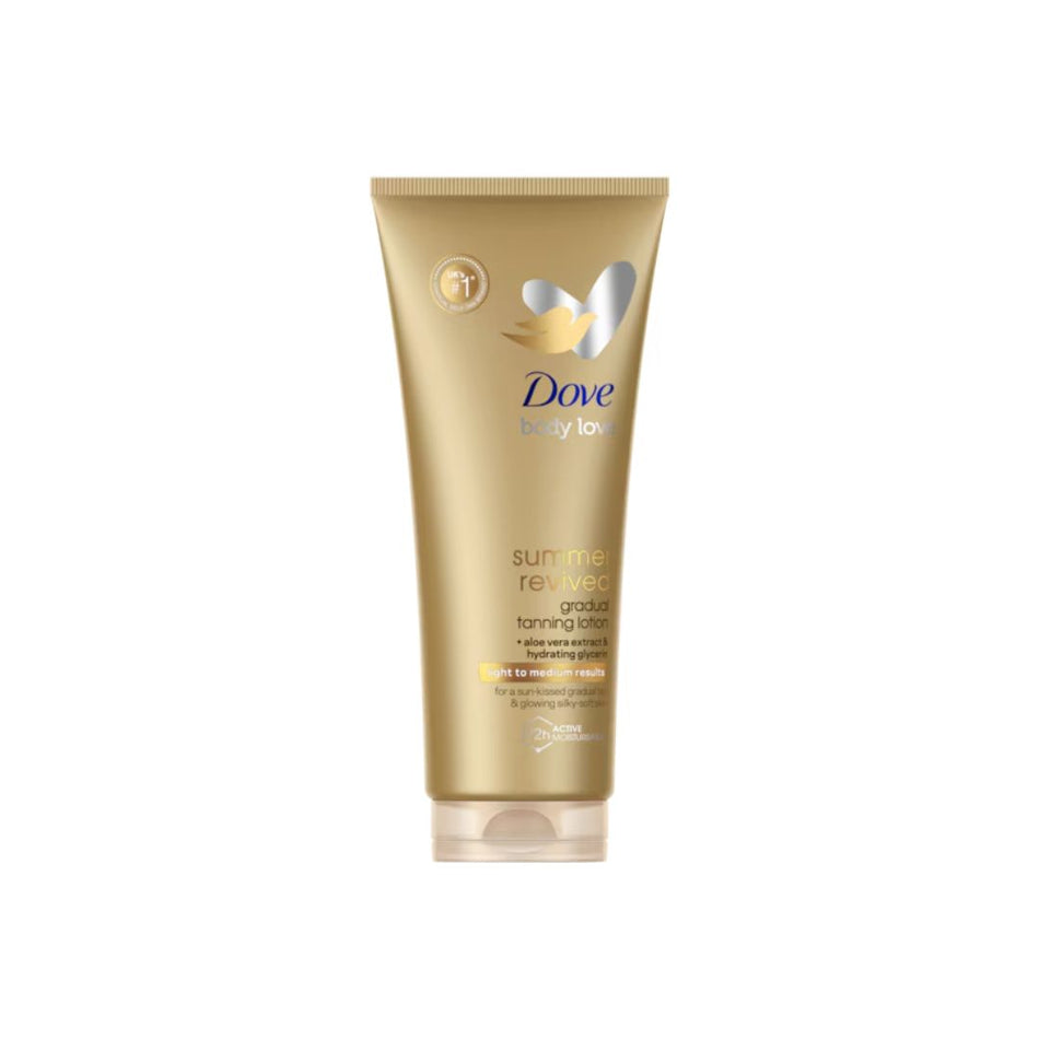 A tube of Dove Sun and Melts Rejuvenate Gradual Toning Lotion in a metallic gold color, shown against a plain white background.