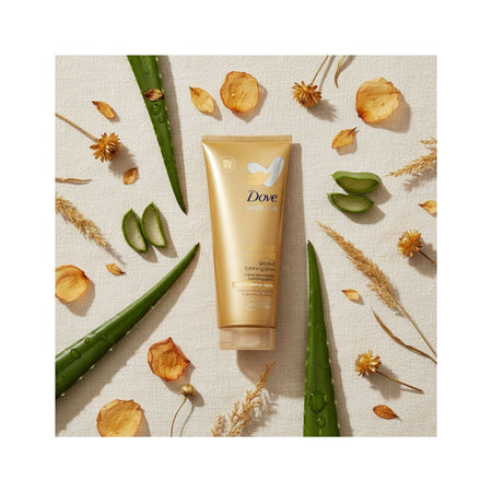A tube of Dove Skin Care moisturizer is centered in a styled flat-lay arrangement with aloe vera leaves, dried flowers, and wheat on a textured cream background.