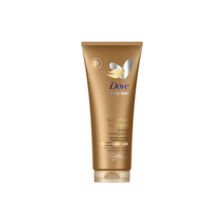 A tube of Dove Daily Love Summer Revival Good Tanning Spray on a plain white background.
