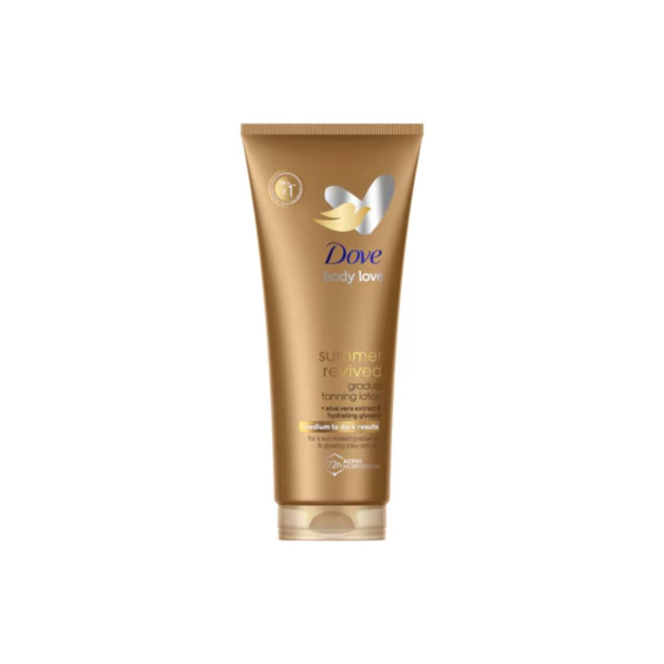 A tube of Dove Daily Love Summer Revival Good Tanning Spray on a plain white background.